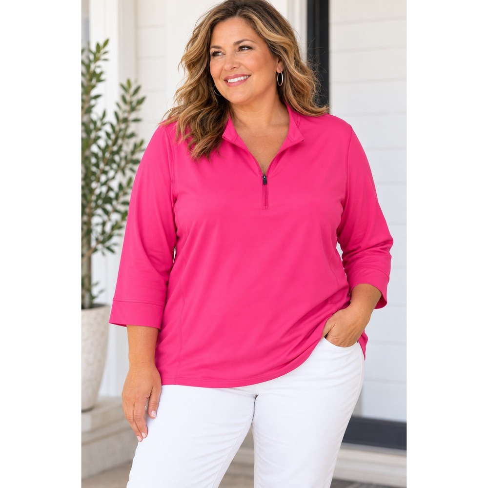 Cuddl Duds Women 1X Pink Quarter Zip Pullover 3/4 Sleeve Top Lightweight Soft